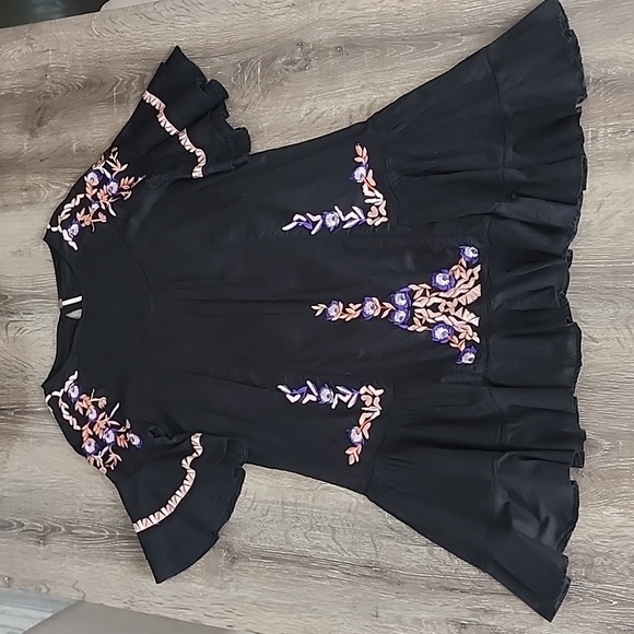 Free People Pavlo Embroidered Boho Babydoll Dress XS Black - Picture 3 of 11